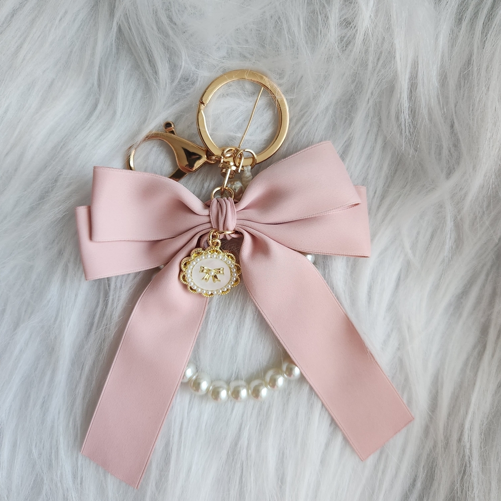 Chic Pink Bow Keychain with Pearl and Gold Charm